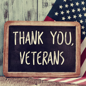 Thank You Veterans sign with American stick flag in the background