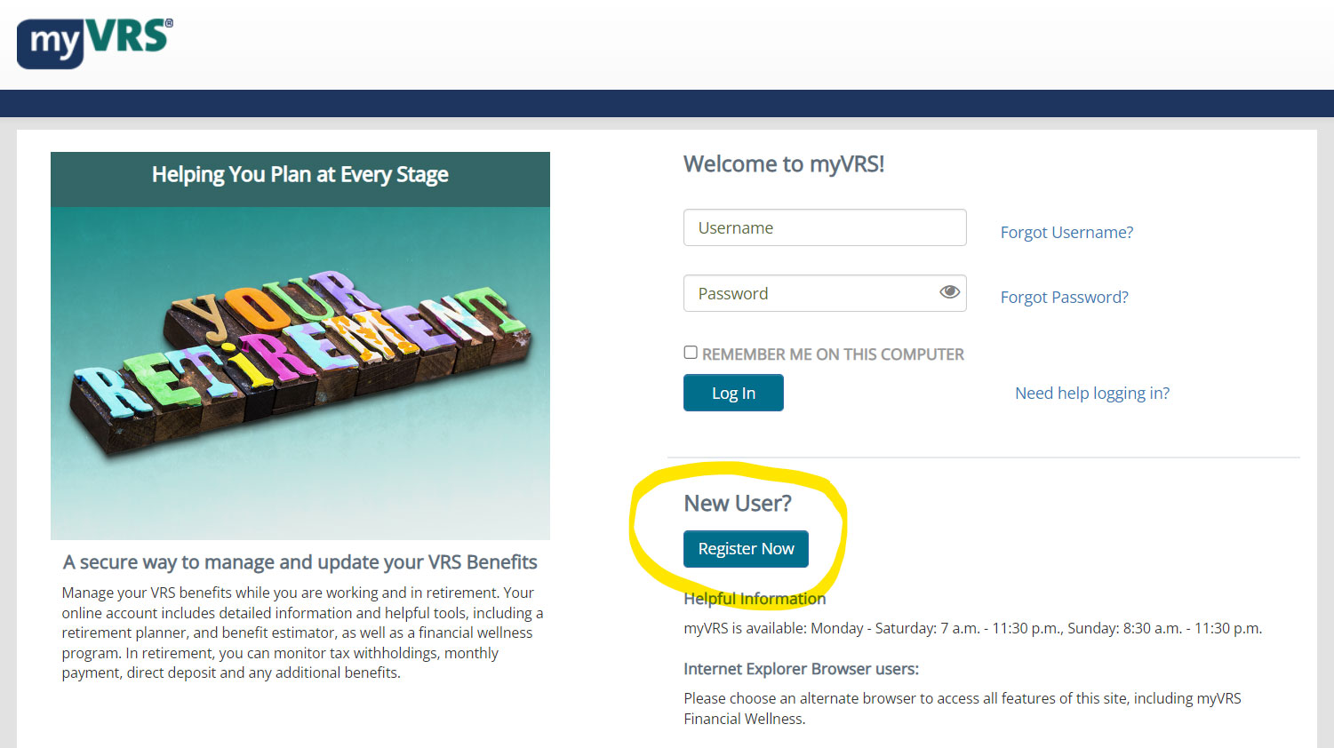 myVRS New User login screenshot
