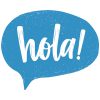 Hola Spanish greeting handwritten with white cursive font in blue speech bubble