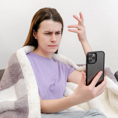 woman draped in blanket looking at cell phone with confused look