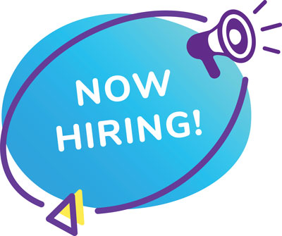 Now Hiring on blue circle with purple megaphone