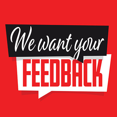 We want your FEEDBACK sign with red background