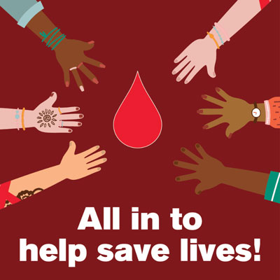 All in to help save lives visual for blood drive