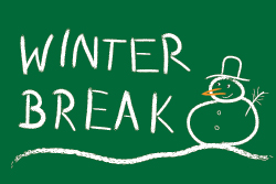 Winter break written with white chalk on a green chalkboard with snowman