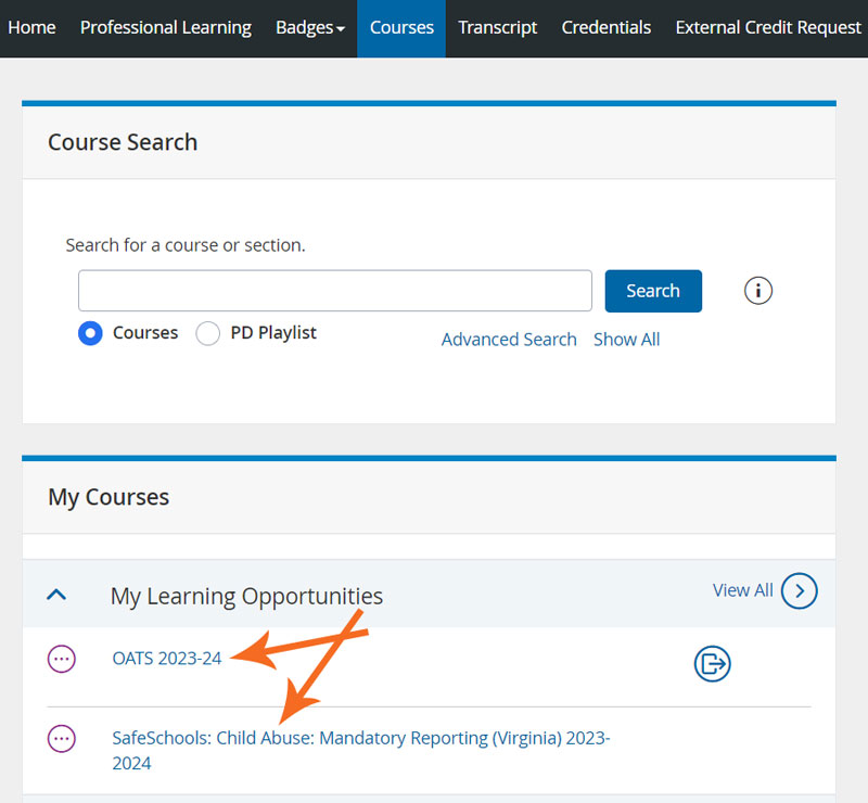PLMS My Learning Opportunities screenshot with orange arrows
